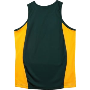 A green and yellow kid's singlet featuring contrast mesh panels and a logo.