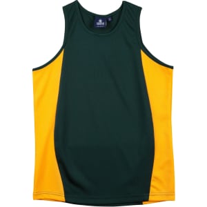 A green and yellow kids' mesh singlet with a logo, featuring contrast panel design.