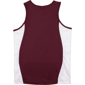 A maroon and white kid's contrast mesh singlet with a sleek design and a logo on the front.