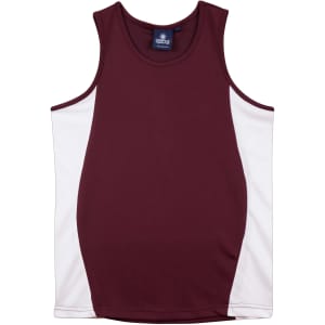 A maroon and white contrast mesh singlet with a logo, designed for kids.