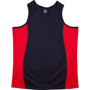 A singlet featuring a navy body with red contrast panels and a logo. Suitable for kids' wear.