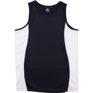 A black and white kid's singlet with a contrast mesh design and a logo. Suitable for active wear.