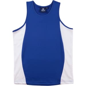 A blue and white kid's singlet featuring contrast mesh panels and a logo.