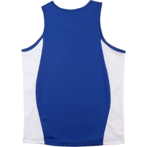 A blue and white contrast mesh singlet with a logo on the back. Designed for kids.