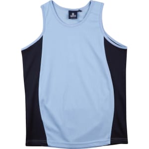 A light blue and black kid's singlet with a contrast mesh design and a logo label on the collar.