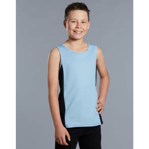 A light blue singlet with contrasting navy side panels, designed for kids. The model is smiling and posing.