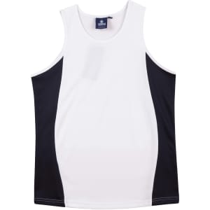 A kid's singlet featuring a white front with black mesh side panels and a logo.
