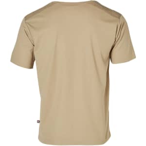 A beige short-sleeved work t-shirt with a branded logo on the lower side and striped detailing on the shoulders.