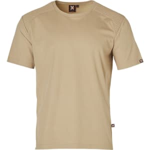 A beige short-sleeve work t-shirt featuring a logo on the front and a textured design on the shoulders.