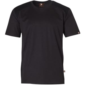 A short-sleeve black work t-shirt featuring textured shoulder detailing and a small logo.