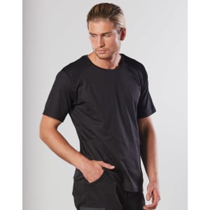 A black work T-shirt featuring ribbed detailing on the shoulders and a fitted design, with a branding logo.