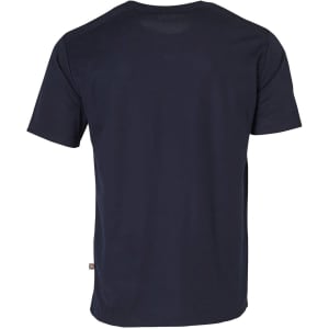 A navy blue short-sleeve work t-shirt featuring a logo on the side. The back view highlights its simple design.
