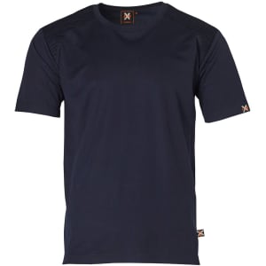 A dark navy short-sleeved work T-shirt with textured shoulder details and a logo.