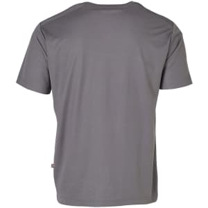 A grey short-sleeved work t-shirt featuring a branded logo.