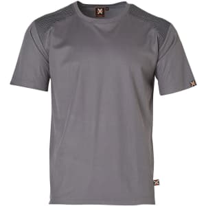 A grey short-sleeve work t-shirt with a logo and textured shoulder panels.