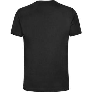 A black unisex cotton t-shirt with short sleeves and a plain back, featuring a logo.