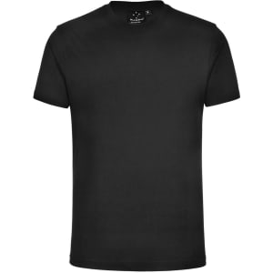 A dark grey unisex cotton T-shirt with short sleeves and a round neckline. It features a logo on the inside.