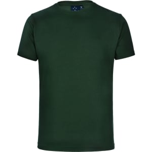 A green unisex cotton t-shirt with a classic crew neck and short sleeves. It features a logo on the label.