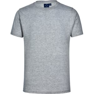 A plain beige unisex cotton T-shirt with short sleeves and a crew neckline, featuring a brand logo.