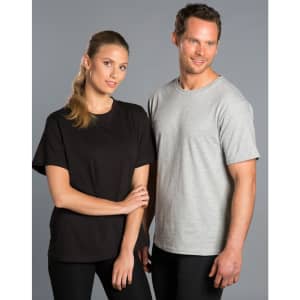 A black unisex cotton tee and a grey unisex cotton tee are worn by a man and a woman. Both tees feature a logo.