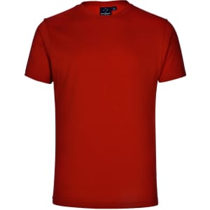 A bright red unisex cotton T-shirt with a crew neckline and short sleeves, featuring a logo.