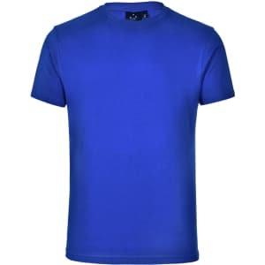 A blue unisex cotton T-shirt with short sleeves and a round neckline, featuring a logo.