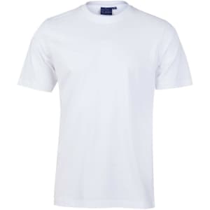 A plain white unisex cotton t-shirt with short sleeves and a simple design. It features a tag inside the collar.
