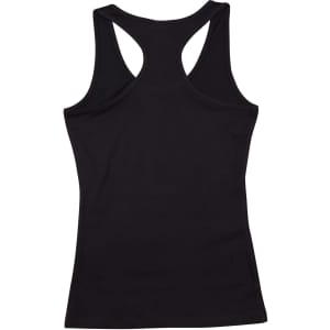 A black ladies' fitted stretch singlet with a racerback design, featuring a logo.