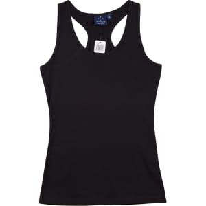 A black ladies' fitted stretch singlet featuring a racerback design and a tag.