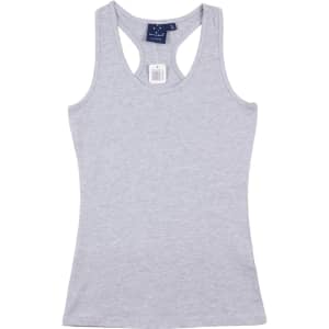 A light grey ladies' fitted stretch singlet with a racerback design and a logo on the label.