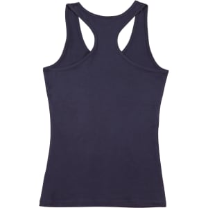 A women's fitted stretch singlet in navy blue, featuring a racerback design and a plain back.