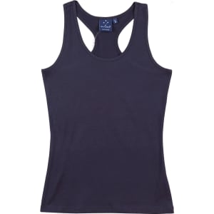 A fitted stretch singlet in navy blue with a racerback design and a small tag inside.