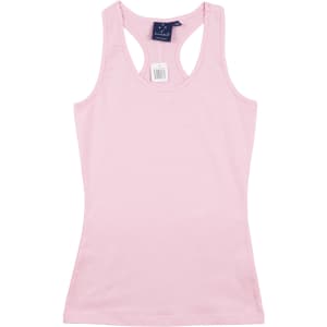 A pink ladies' fitted stretch singlet with a racerback design and a logo on the label.