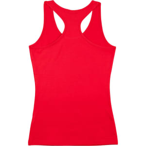 A red ladies' fitted stretch singlet featuring a racerback design. The garment has a sleek, simple look and includes a logo.