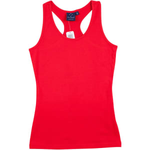 A red ladies' fitted stretch singlet with a racerback design and attached tag.