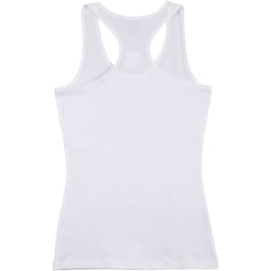 A white ladies' fitted stretch singlet with a racerback design and a logo on the backside.