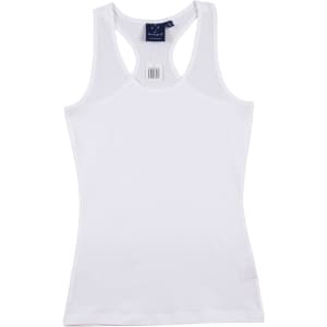A white ladies' fitted stretch singlet with a racerback design and a logo on the tag.