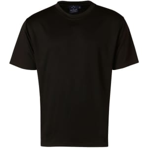 A black kids' short sleeve tee with a round neck, featuring a logo on the label.
