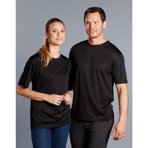 Two models wearing black short sleeve t-shirts, featuring a simple design and a logo on one shirt.