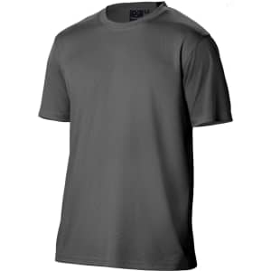 A grey men's short sleeve tee with a logo on the label, made from cooldry material.