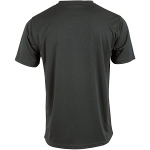 A dark grey short sleeve t-shirt with a smooth finish and a logo on the back.