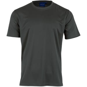 A grey short sleeve tee featuring a smooth texture and a logo on the neckline. Suitable for kids.