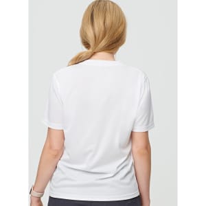 A white short sleeve tee with a classic fit, featuring a logo on the back.