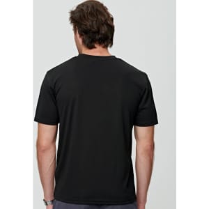 A black men's short sleeve tee featuring a crew neckline and a logo on the back.