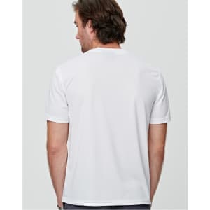 A men's short sleeve tee in white, featuring a simple design and a logo on the back.