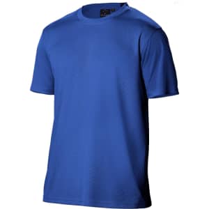 A blue men's short sleeve tee made from cooldry fabric, featuring a logo on the label.
