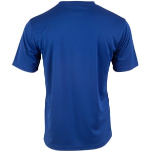 A blue men's short sleeve tee made from cooldry fabric, featuring a smooth design and a logo on the back.