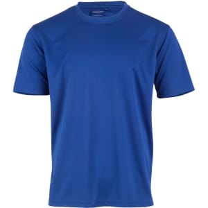 A blue short sleeve tee made from cooldry fabric, featuring a logo on the inside label.