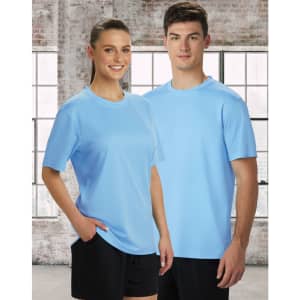 A light blue short sleeve tee for men and women, featuring a textured fabric and a logo on the chest.