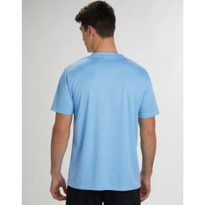 A blue short sleeve tee with a textured fabric and a logo on the back.